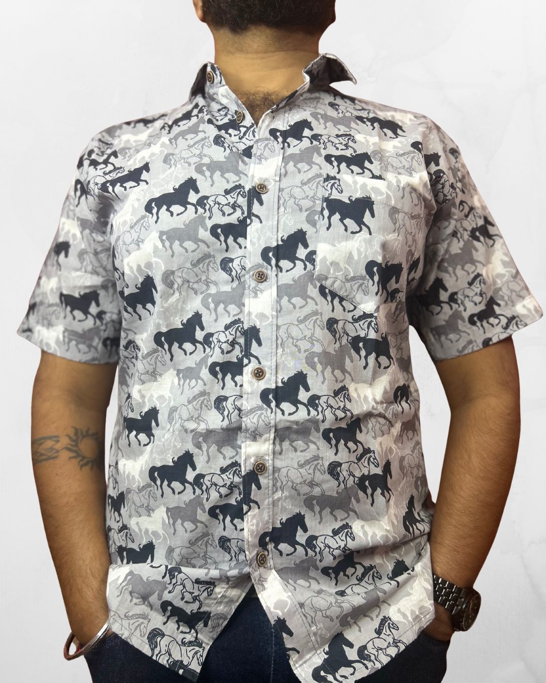 Half Sleeves Shirt | Horse Print | Grey and Black - Image 4