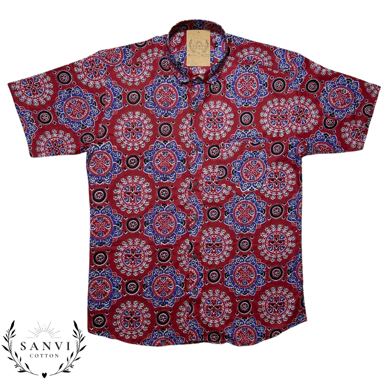 Half Sleeves Shirt | Maroon Colour | Ajrakh Print